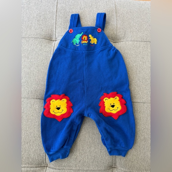 Vintage Le Top Zoo Animals Blue Corduroy Overalls 6 months Tiger Elephant Hippo - Picture 1 of 6